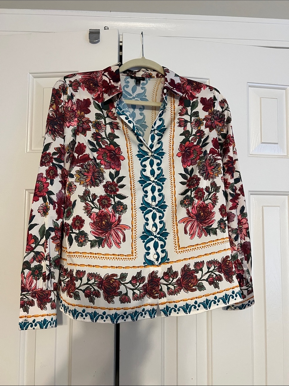 Floral Print Button-Up Women’s Top in White and Burgundy